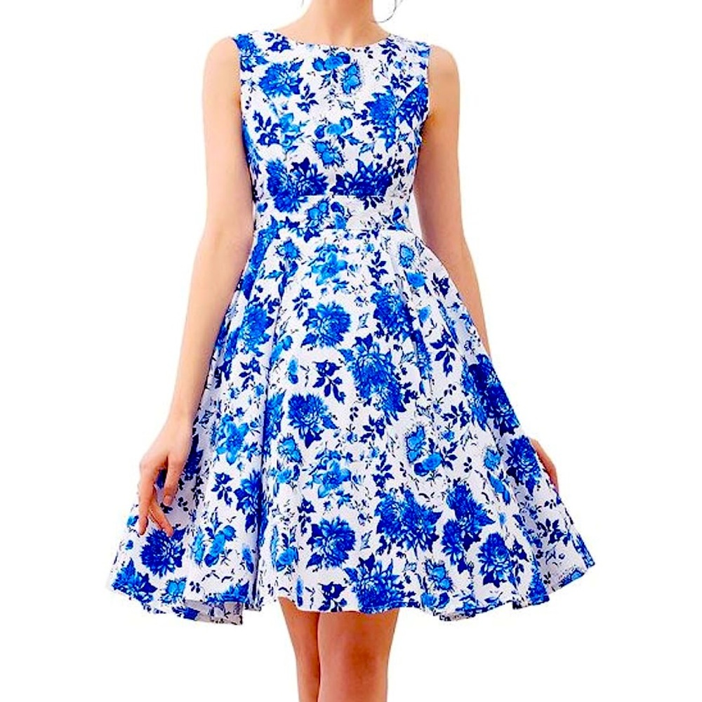 Blue and white floral Sleeveless 50s Vintage Rockabilly Swing Dress
